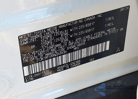 2024 Toyota Rav4 Le из США, поврежденный, VIN 2T3K1RFVXRW349494